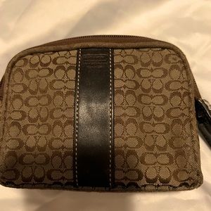 Coach zipper make up with brown leather trim and coach leather key fob